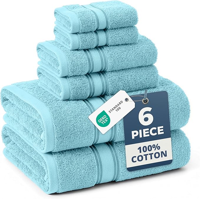 LANE LINEN Bath Towel Set Quick Dry 100% Cotton 6 Piece Soft - Blue | Cotton Bath Towels - Classic Terry Weave, Densely Woven, Coordinated Colors, Dobby Border Accent, OEKO-TEX Certified