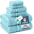 LANE LINEN Bath Towel Set Quick Dry 100% Cotton 6 Piece Soft - Blue | Cotton Bath Towels - Classic Terry Weave, Densely Woven, Coordinated Colors, Dobby Border Accent, OEKO-TEX Certified