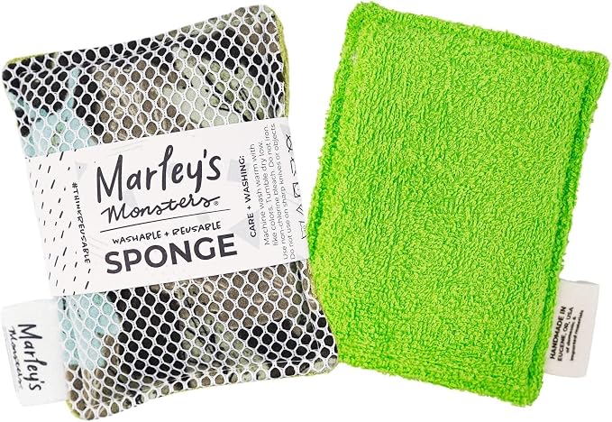 Marley's Monsters Washable Sponge – Reusable Eco-Friendly Scrubber – Dual-Sided for Gentle Cleaning or Heavy Duty Scrubbing – 4" x 5.5" Handmade in USA(Vintage Lemons/White Back)