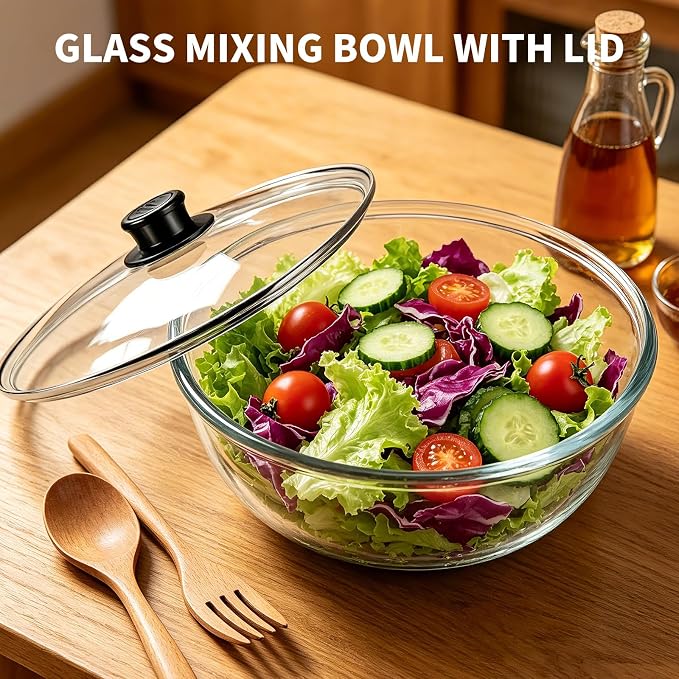6.3 QT Glass Mixing Bowl with Lids, Large Glass Bowl for Sourdough Bread | Thick Glass Salad Bowl, Extra Large Glass Bowl Ideal for Kitchen Storage, Baking, Food Prep, Dishwasher Microwave Freezer