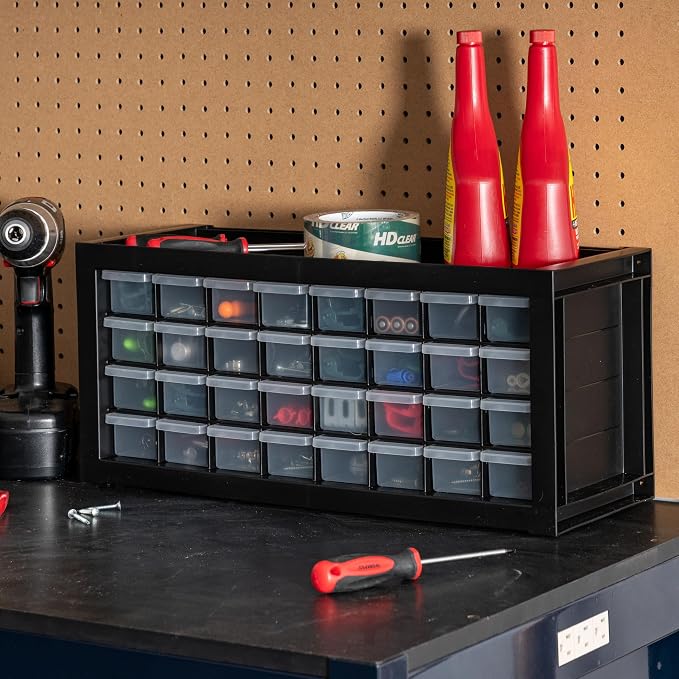 IRIS USA 32-Drawer Tool Organizer, Made in USA, Teacher Toolbox, Small Parts Plastic Storage Drawers for Screws, Hardware, Bead, Diamond Arts, Stackable Garage Storage Cabinet, Black