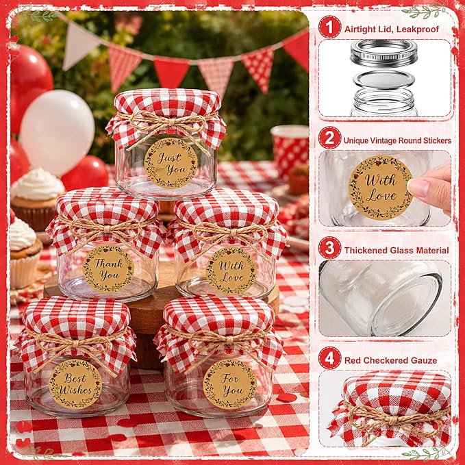 Blushtier 30 Sets 8 oz Mini Yogurt Jars Glass Mason Jar with Lids Red Plaid Muslin Cloth Cover Decorative Jute Rope Brush Glass Bottle for Jam Honey Candy Gift Wedding Favors Birthday Party Decor