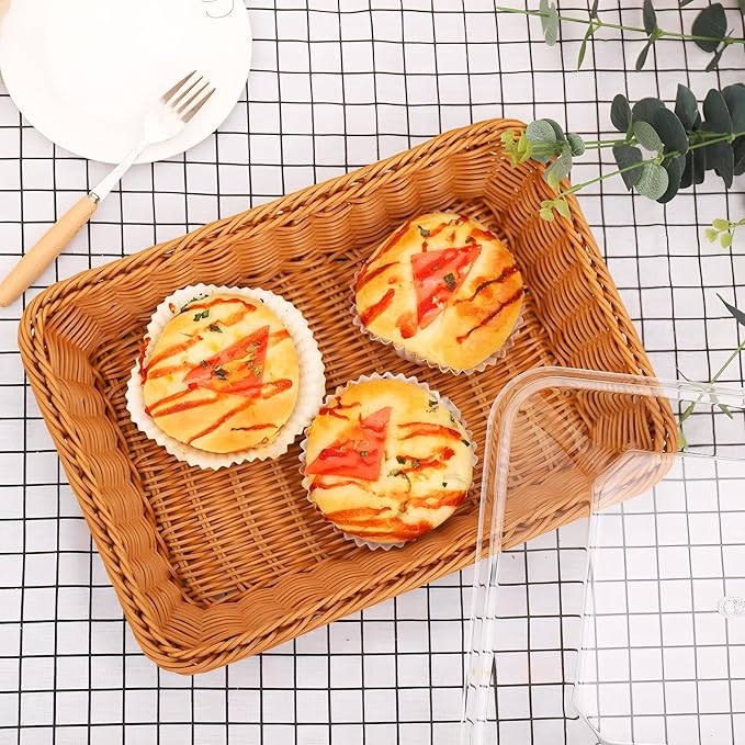 Rattan Bread Baskets, 3 Pack, rectangular Woven Baskets with Acrylic Lids, 13.8 x 9.8 inches, Stainless Steel Tongs, Lace Doilies, for Bread, Fruit, Food Display