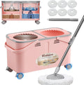 2026 Upgraded Gen 2 Spin Mop and Bucket Set with 4 Swivel Wheels for Easy Rolling, Separates Clean & Dirty Water, Floor Mop with 6 Washable Mop Heads for Wood, Tile, Vinyl, Baseboards - Pink