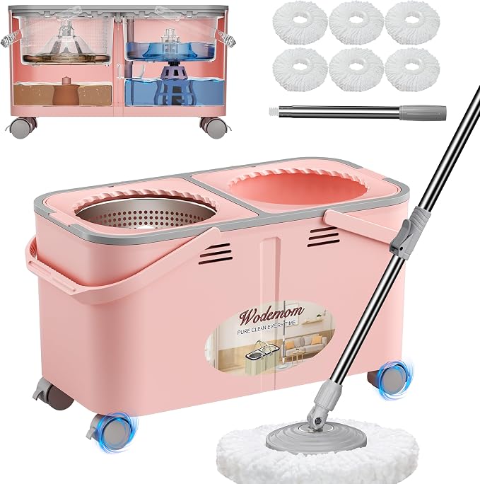 2026 Upgraded Gen 2 Spin Mop and Bucket Set with 4 Swivel Wheels for Easy Rolling, Separates Clean & Dirty Water, Floor Mop with 6 Washable Mop Heads for Wood, Tile, Vinyl, Baseboards - Pink