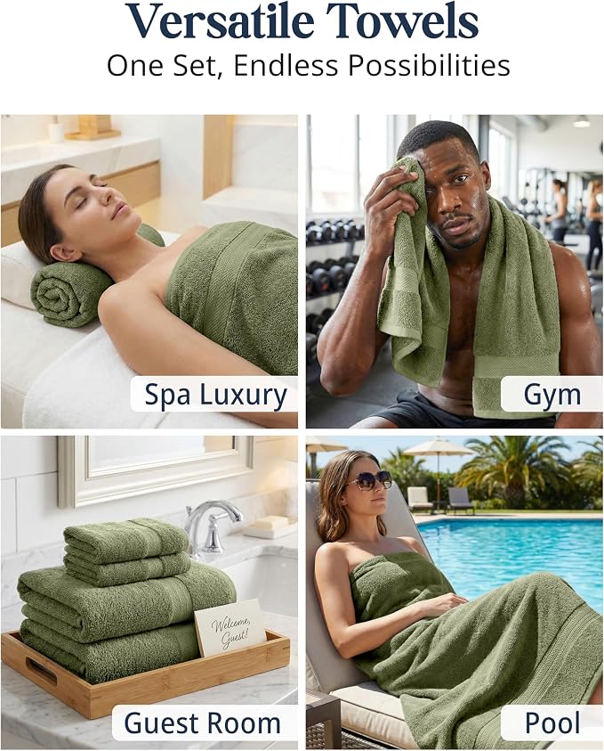 LANE LINEN Bath Towel Set 100% Cotton 6 Piece Soft Absorbent - Oil Green | Bath Towels Set Of 6 - Densely Woven, Coordinated Colors, Dobby Border Accent, OEKO-TEX Certified, Ring-Spun Durability