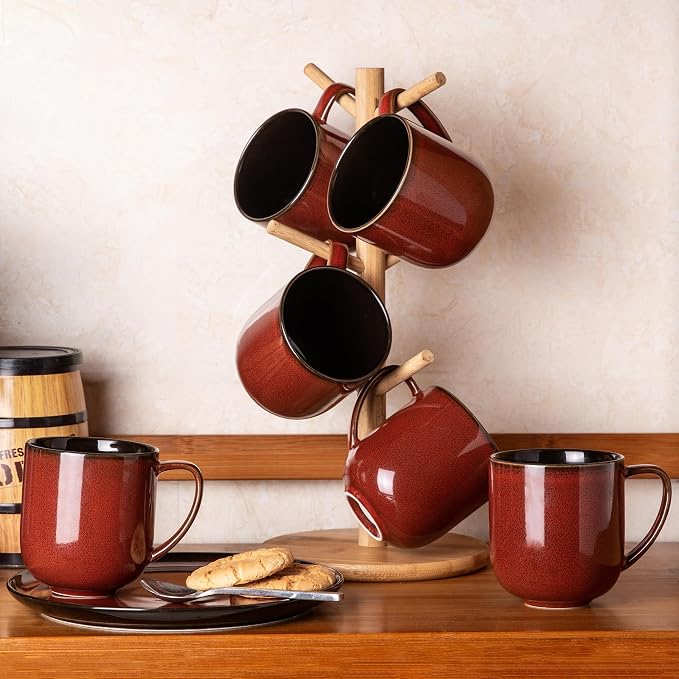 LERATIO Ceramic Coffee Mugs Set of 6,12oz Handmade Coffee Mugs Set | Large Handle for Cappuccino/Latte/Tea/Hot Cocoa,Oven &Dishwasher & Microwave Safe-Red
