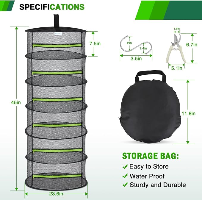 Yesker 6 Layer Herb Drying Rack Hanging Mesh Net Foldable Plant Drying Racks 24" w Green Zipper Pruning Shears Dryer Hanging Rack for Herbs Seed Bud Fruit Clothes Grow Tent Closet Garden Outdoor 2 PCS | 24" w Green Zipper Pruning Shears Dryer Hanging R...