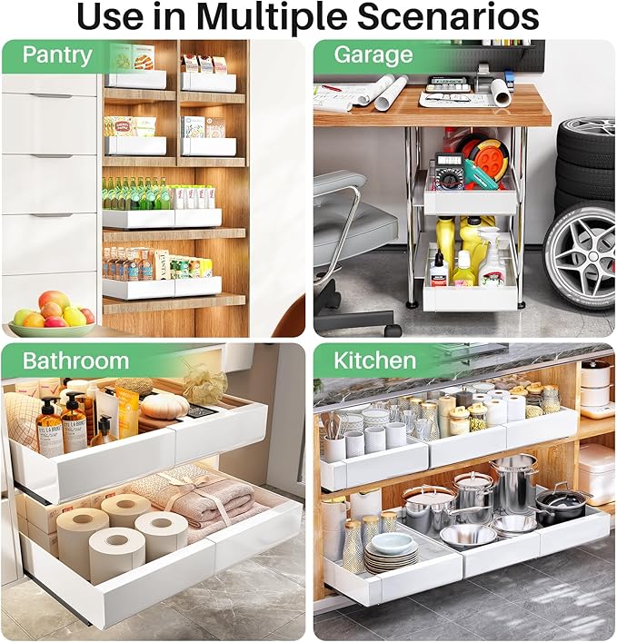 Pull out Cabinet Organizer, Expandable(12"-20") Heavy Duty Slide out Drawers Fixed with Adhesive Nano Film for Pots, Roll out Shelf Storage for Kitchen Base Cabinet, Pantry, Bathroom Cupboard