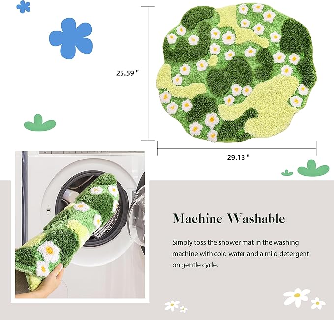 YIKUSH Moss Bath Mat Green Bathroom Rug with Small White Flowers Non Slip Door Mat for Bedroom and Kitchen Soft Washable Rug Floral Nature Bathtub Mat
