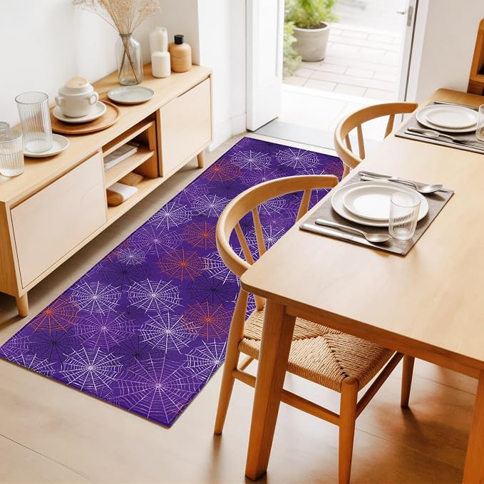 Hallway Runner Rug 2'x6', Purple Halloween Washable Bathroom Area Rugs for Kitchen Bedroom Laundry, Red Black White Net Halloween Non Slip Door Mat Indoor Entrance Floor Throw Bedsides Carpet