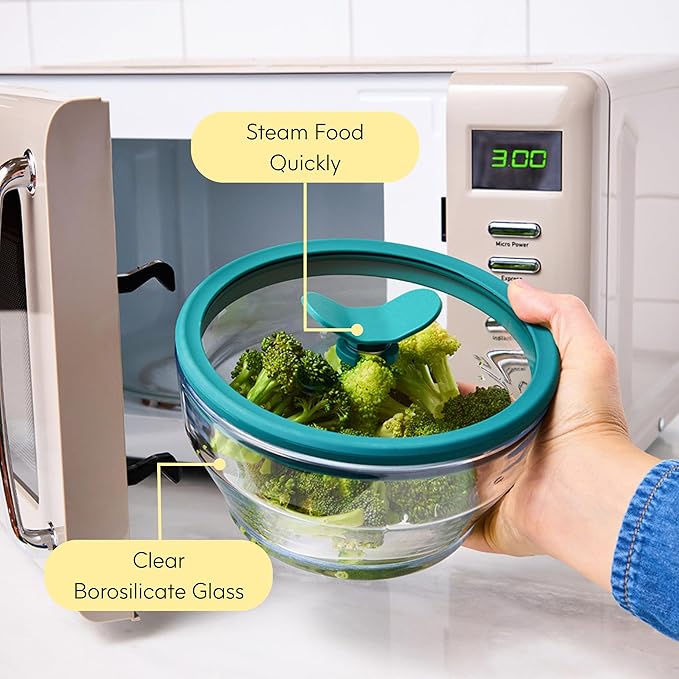 Anyday 4-Piece Medium Glass Food Storage with Lids (Clear Kale) | Plastic-Free Meal Prep, Microwave Cookware, Stackable Airtight Storage Container, Vented Lid for Microwave-Safe Reheating
