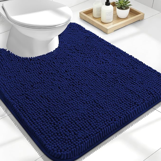 OLANLY Toilet Rugs U-Shaped 24x20, Extra Soft Absorbent Chenille Contour Bathroom Rugs for Toilet, Dry Quickly, Machine Washable, Non-Slip Bath Mat, Navy