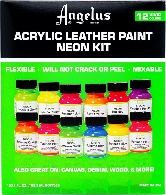 Angelus Neon Acrylic Leather Paint Set – 12 Vibrant Colors, 1 oz Each – Non-Toxic Leather, Canvas, Wood Paints for Customization and Crafting. Flexible, Mixable, Made In USA