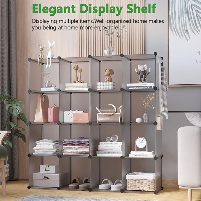 C&AHOME 16 Cube Storage Organizer Cube Shelves Units Storage Cubes, Grey | Plastic DIY Closet Organizer, Stackble Modular Closet Storage Shelves Ideal for Home, Bedroom, 48.4" L × 12.4" W × 48.4" H