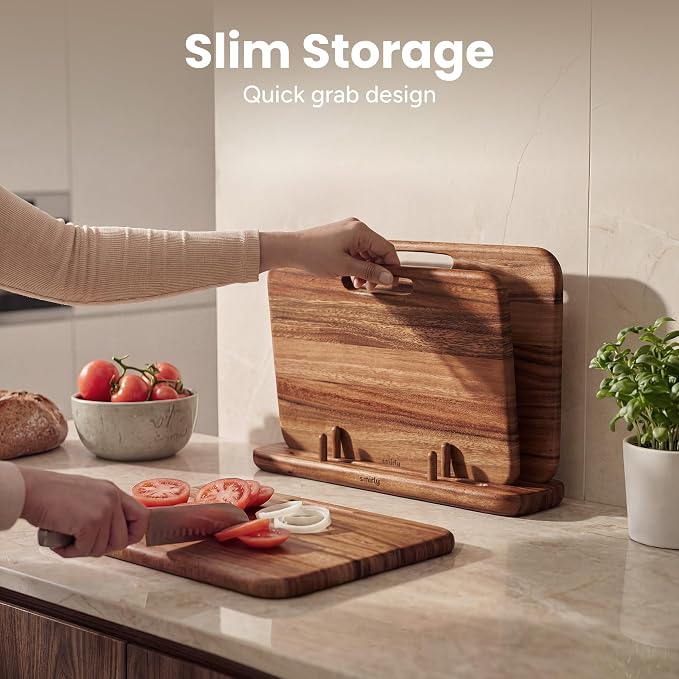 SMIRLY Cutting Boards for Kitchen - 3 Piece Walnut Cutting Board with Stand | Double-Sided Wood Cutting Board, Wooden Cutting Boards Non Toxic for Meat Vegetable Fruit, Food-Grade