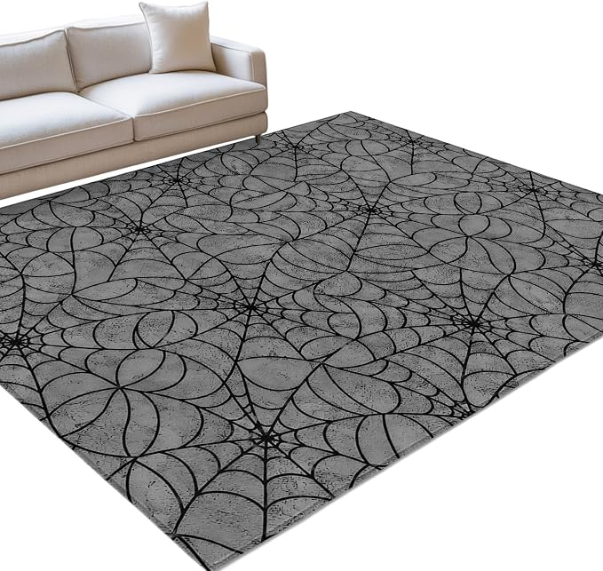 Large Area Rug 4'x6', Grey Halloween Washable Rectangular Area Rugs for Living Room Bedroom Office, Black Spiders Net Classic Gingham Non Slip Kitchen Rug Mats Indoor Floor Accent Throw Carpet