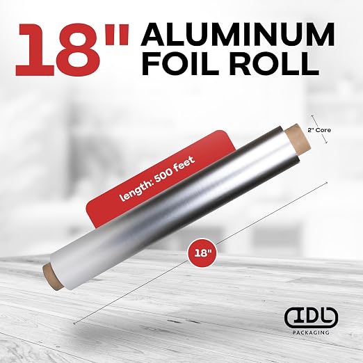 IDL Packaging 18" x 500' Aluminum Foil Refill Roll for WP-180DA FoilMaster Dispenser 18" Width - Standard Tin Foil for Grilling, Wrapping, Smoking, Baking - Food Safe Disposable Foil Wrap