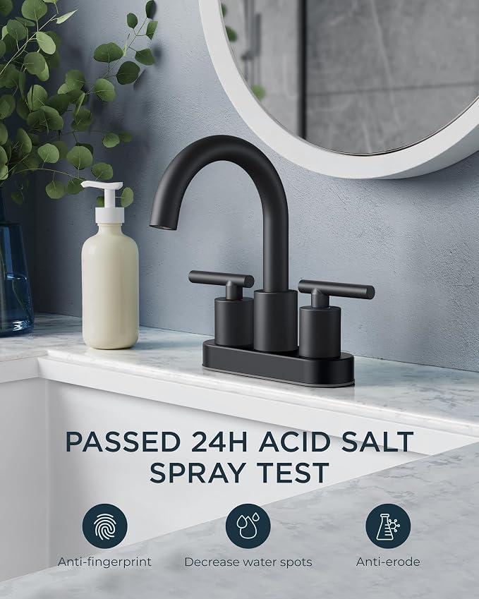 FORIOUS 4 Inch Centerset Bathroom Faucet Black 2 Hole, Two Handle Matte Black Faucet for Bathroom Sink with Pop Up Dain, 24" Supply Line, and 360° Rotating Spout of 4" Vanity