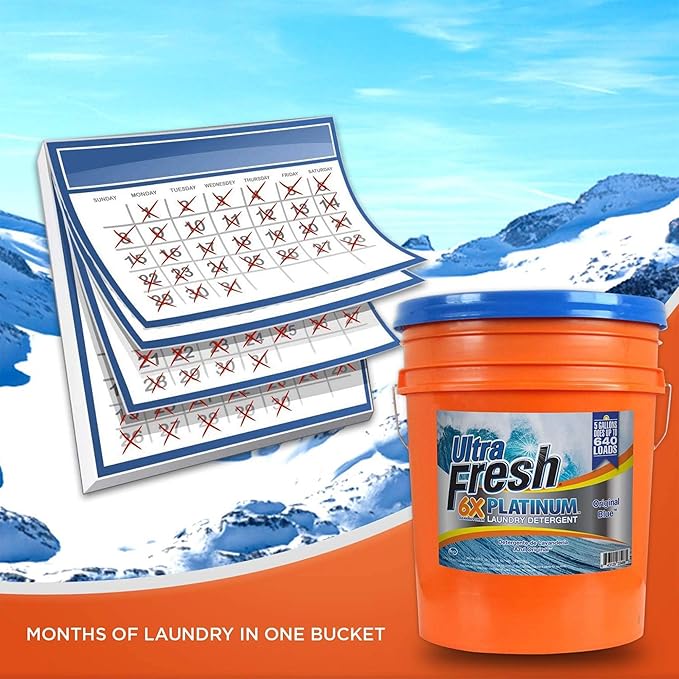 Ultra Fresh 6X Platinum Laundry Detergent, 5 Gallon, Bundled with Spring Fresh Fabric Softener and Pump, Up to 640 Loads, Orange/Blue