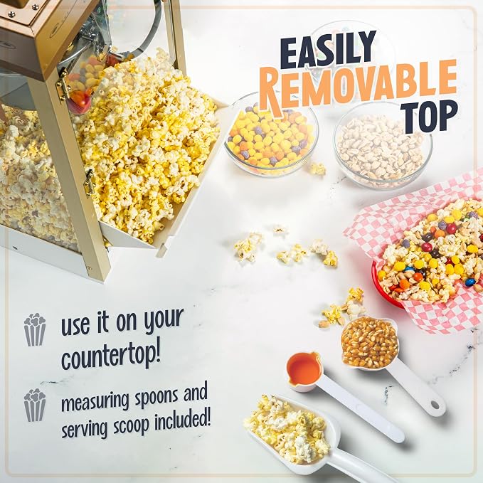 Nostalgia Popcorn Maker Professional Cart, 8 Oz Kettle Makes Up to 32 Cups, Vintage Movie Theater Popcorn Machine with Three Candy Dispensers and Interior Light, Measuring Spoons and Scoop, Ivory