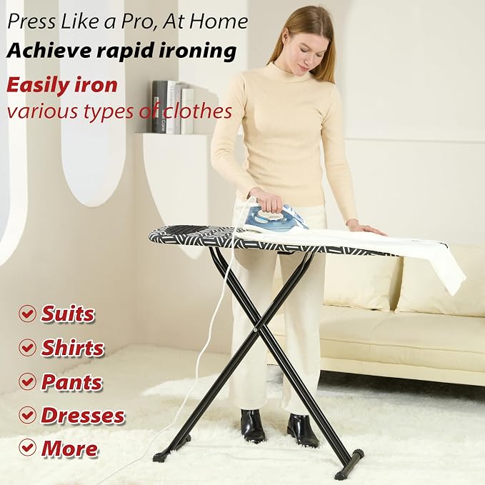 caius Ironing Board 43''x13'', 7 Adjustable Heights, Saves Space | Anti-skid feet for stability · Ultra-thick pure cotton cover · Fast wrinkle-free ironing · 28-35" height range