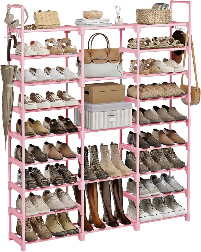WOWLIVE 9 Tiers Shoe Rack Shoe Storage Shoe Organizer 50-55 Pairs Shoe Tower Unit Shelf Durable Metal Pipes with Plastic Connectors Stackable Cabinet Pink