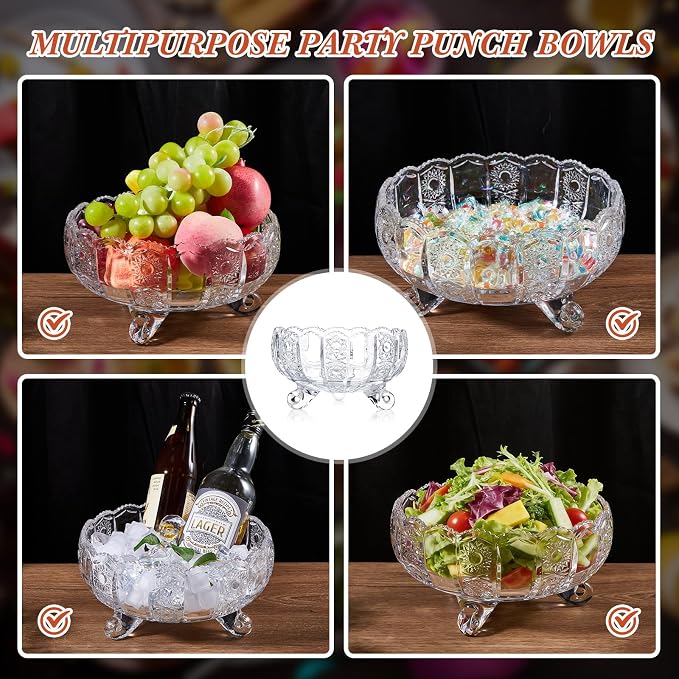 LemonRoad Crystal Glass Punch Bowl Set 1 Large Glass Punch Bowl with Ladle and 4 Cups for Party Wedding Serveware Centerpiece Table Decoration 9.5" x 5.5"(Vintage Style)