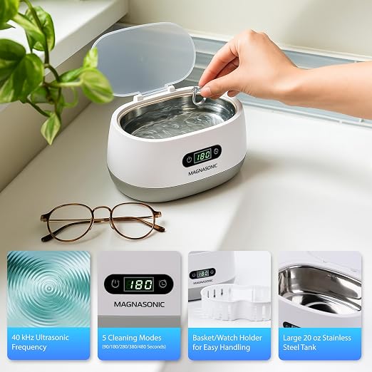 Magnasonic Ultrasonic Cleaner - 20oz Tank Ultrasonic Jewelry Cleaner & Ultrasonic Retainer Cleaner, Digital Timer, 5 Cleaning Modes for Glasses, Rings, Dentures, Tools, Aligners (UC22)