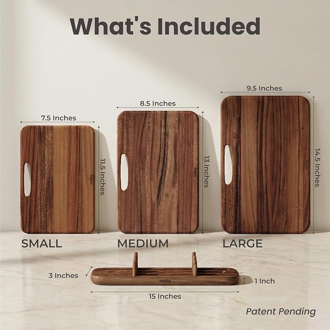 SMIRLY Cutting Boards for Kitchen - 3 Piece Walnut Cutting Board with Stand | Double-Sided Wood Cutting Board, Wooden Cutting Boards Non Toxic for Meat Vegetable Fruit, Food-Grade