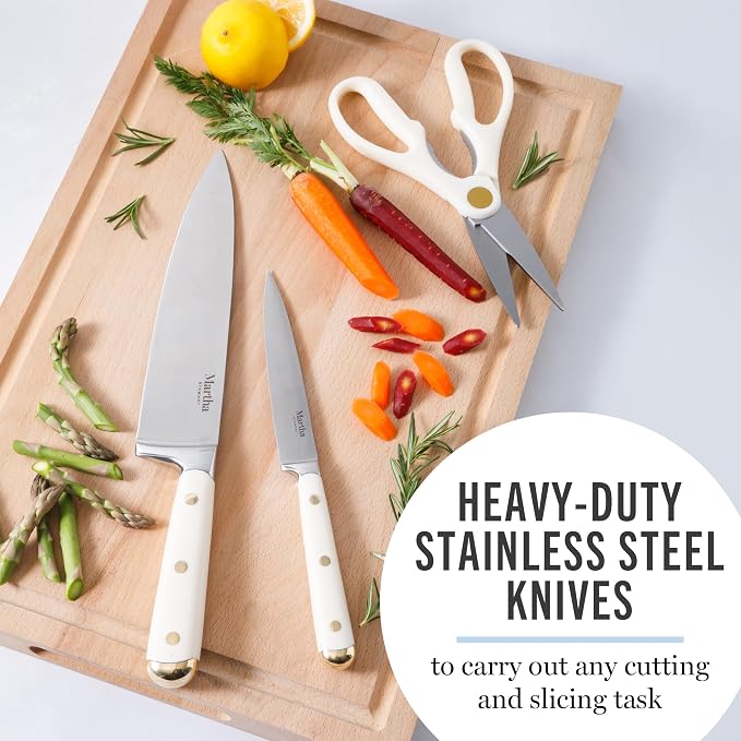 Martha Stewart Knife Block Set 16-Piece - Lockton High Carbon Stainless Steel Forged Full Tang Chef Knives, Acacia Wood Block, Triple Riveted Handles, Linen White & Gold