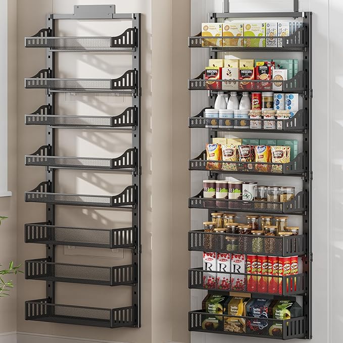 POKIPO 8-Tier Over the Door Pantry Organizer, Large Metal Door Spice Rack with Adjustable Basket, 2 in 1 Wall Mount or Hanging Heavy-Duty Pantry Door Storage Shelf for Kitchen and Bathroom, Black