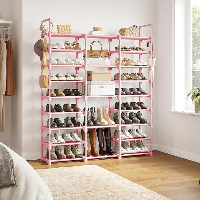 WOWLIVE 9 Tiers Shoe Rack Shoe Storage Shoe Organizer 50-55 Pairs Shoe Tower Unit Shelf Durable Metal Pipes with Plastic Connectors Stackable Cabinet Pink