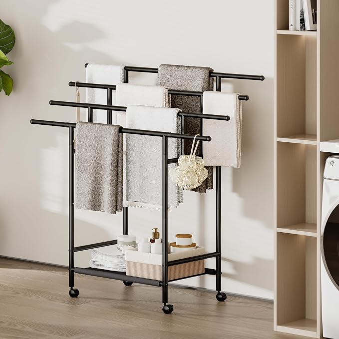 Homeiju Expandable Free Standing Towel Rack for Bathroom, 4 Tier Blanket Rack, Adjustable Blanket Holder for Bathroom, Towel Drying Rack Stand for Outdoor, Poolside, Black