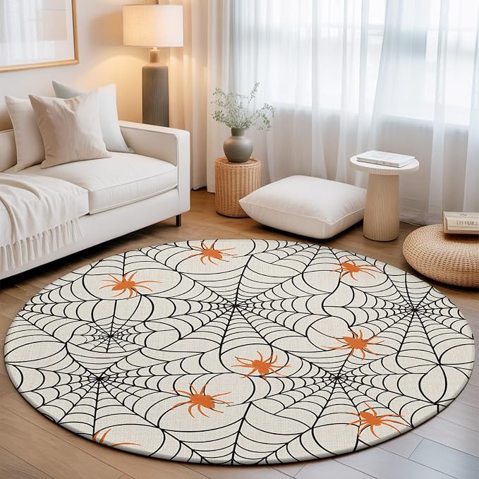Round Area Rug 5', Halloween Washable Area Rugs for Living Room Kitchen Bedroom Nursery Dining Room, Black Net Classic Spiders Gingham Orange Rustic Non Slip Door Mat Indoor Floor Throw Circle Carpet