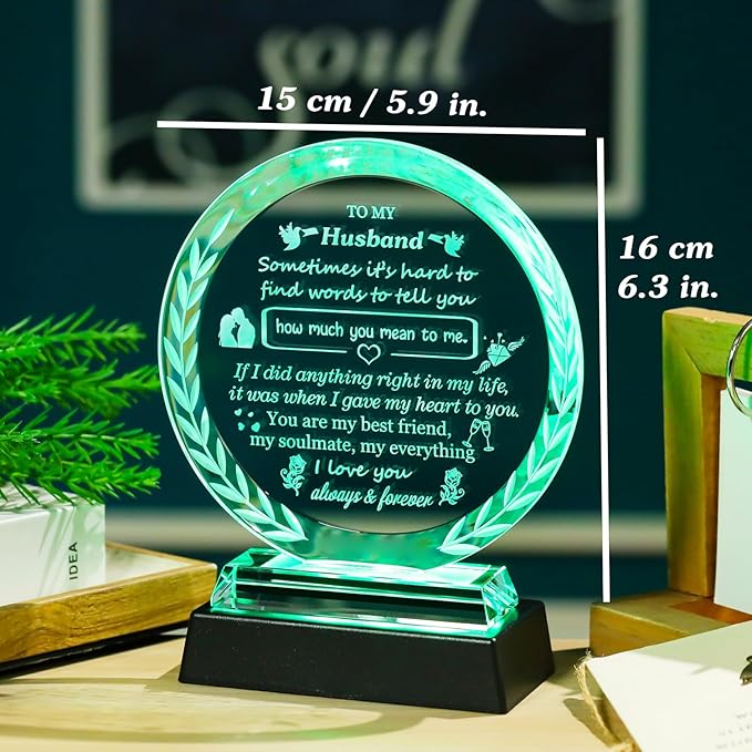 Arikyrist Gifts for Husband from Wife Fathers Day Crystal Plaque to My Husband with LED Light Base Best Husband Ever Gifts for Birthday Valentine's Day Christmas Anniversary