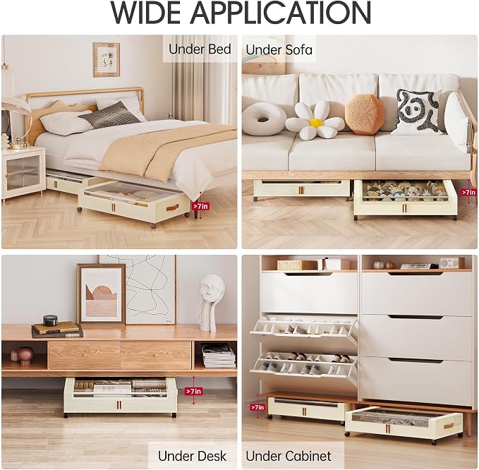 Yecaye 60L Under Bed Storage Containers with Wheels, 2 Pack Under Bed Storage Containers, Underbed Shoe Storage with Clear Window & Label, Rolling Under Bed Metal Drawer for Shoes, Clothes, Beige