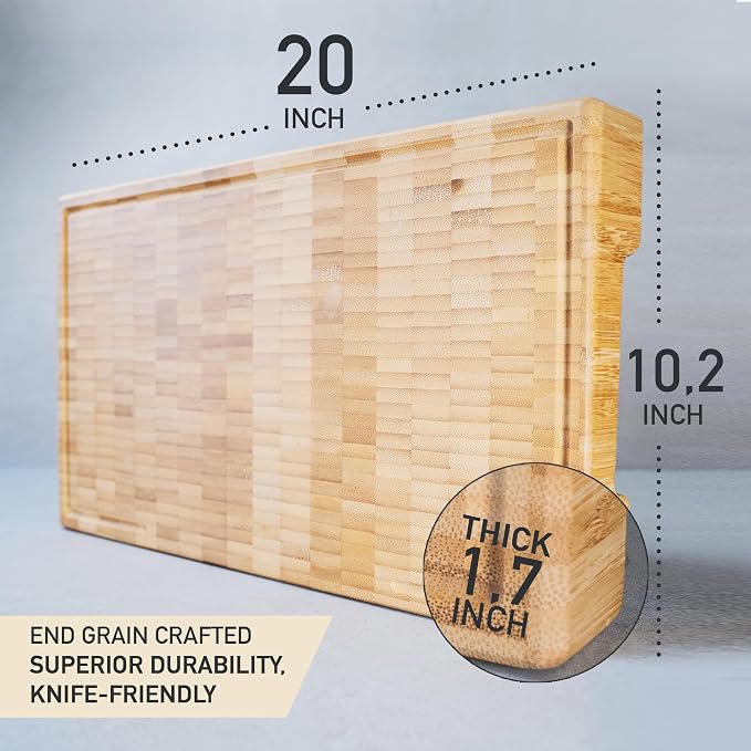Bamboo Cutting Board, End Grain Butcher Block for Kitchen, Extra Thick 1.7" | 20 x 12.2 Inch (Extra Thick 1.7") Professional, Heavy Duty Hardwood Non Toxic Wooden Chopping Board (Oil & Plate Included)
