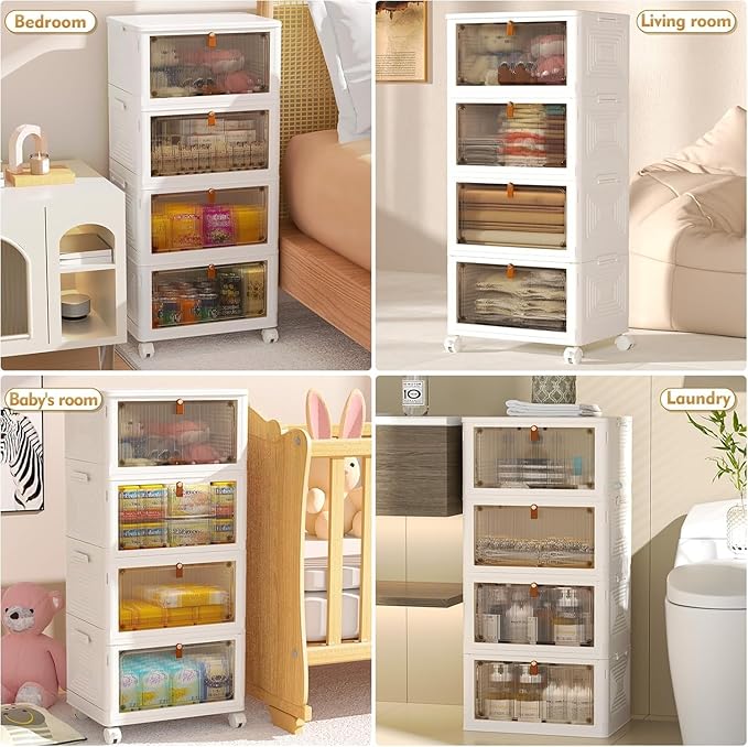 YFXCVSL 4 Tier Plastic Storage Bins with Lid 23QT, Stackable Storage Containers with Wheels, Folding Storage Boxes, Stackable Storage Bins, Organizers and Storage for Living Room,Office,Dorm