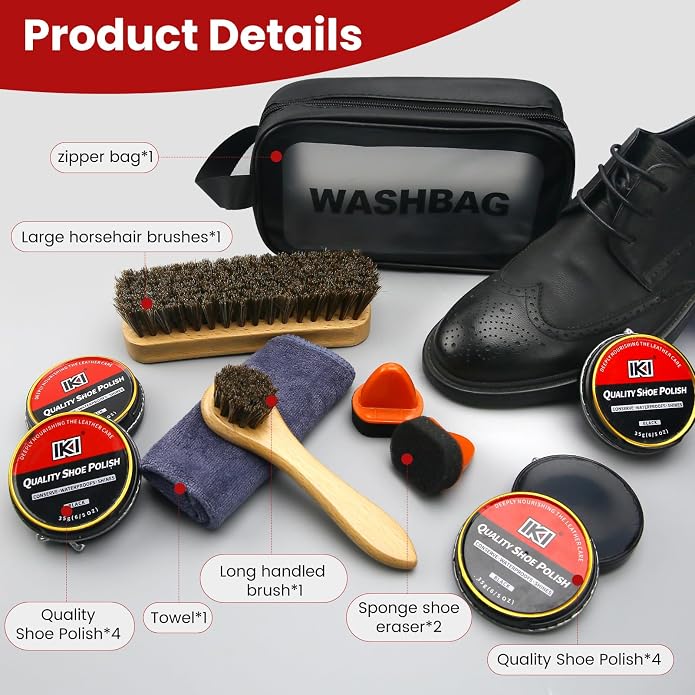 IKI Leather Boot Care Kit - Shoe Polish & Shine Kit with Black Shoe Polish, Sponge Applicators, Horsehair Brush, Microfiber Cloth and Wash Bag, Shoe Care Set for Men & Women (Black)