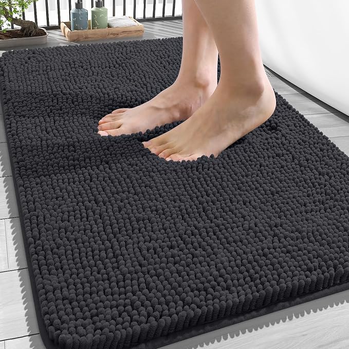 OLANLY Bathroom Rugs 34x21, Extra Soft Absorbent Chenille Bath Rugs, Rubber Backing Quick Dry, Machine Washable Bath Mats for Bathroom Floor, Tub and Shower, Home Decor Accessories, Dark Grey