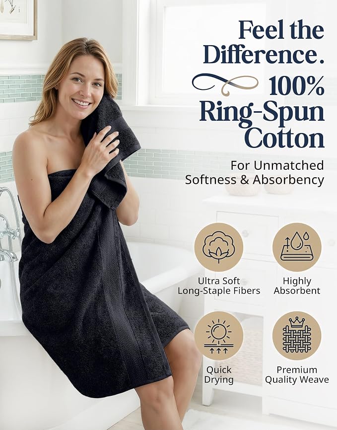 LANE LINEN Bathroom Towel Set 6 Piece Soft Absorbent Quick Dry - Black | Cotton Towel Set - Coordinated Colors, Dobby Border Accent, OEKO-TEX Certified, Ring-Spun Durability, Ring-Spun Cotton