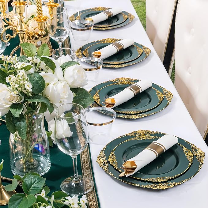 Nervure 350PCS Green Plastic Plates - Green Gold Plastic Dinnerware Sets for 50 Guests - 100 Disposable Plates, 150 Gold Silverware, 50 Cups, 50 Napkins Perfect for Wedding & Party