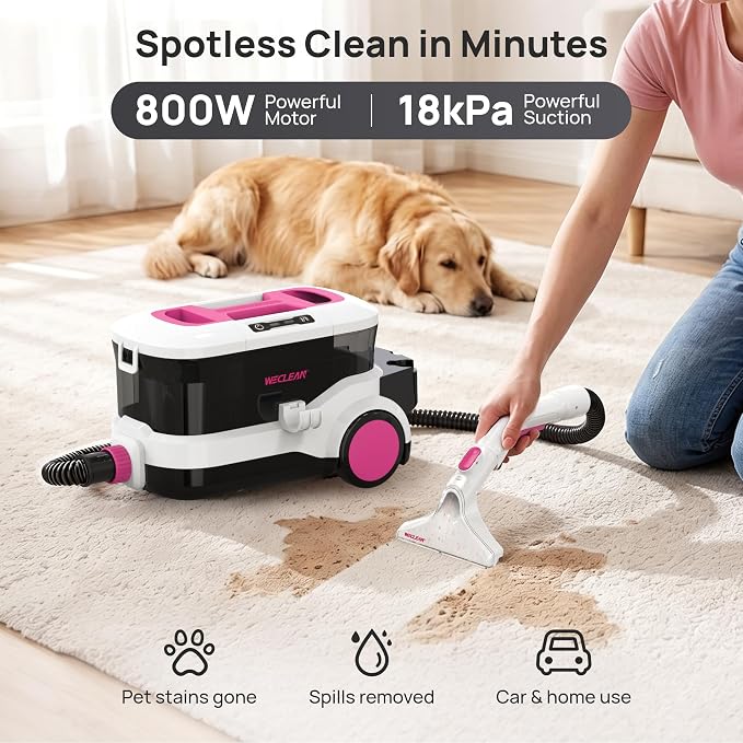 WECLEAN C4 Portable Carpet Cleaner Machine, Stand Up Upholstery Cleaner with 18KPa Powerful Suction, 800W Spot Cleaner for Pet Stains, Carpet, Rug, Couch and Car Interior, Dual Tank System, Pink