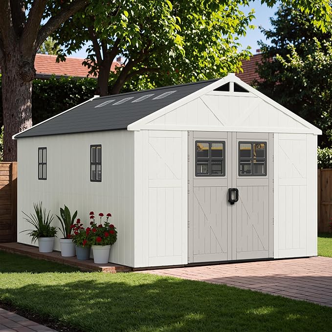 Greesum 10X14FT Plastic Outdoor Storage Shed with Floor and Lockable Door, Resin Sheds with 6-Windows and Multiple Skylights, HDPE Kick-it Shed for Garden, Patio, Backyard, Beige