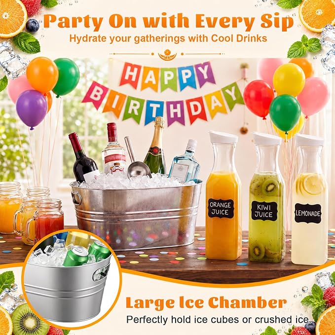 10 Pcs Ice Buckets Party Set for Mimosa Bar Wedding BBQ | Include 3 Gallon Galvanized Beverage Tub, 50oz Plastic Carafes with Lids, Ice Scoops Blackboard Sticker, Bottle Opener