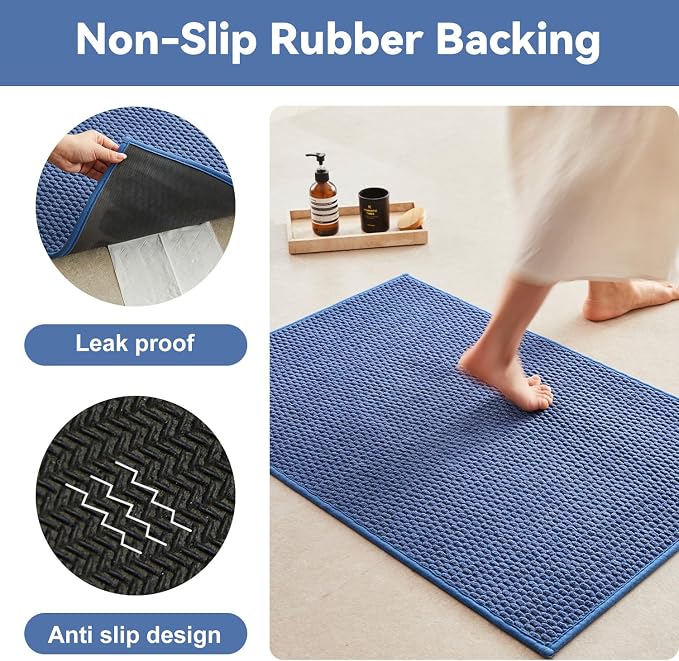Triohero Bathroom Rugs Non Slip Washable, Super Absorbent Thin Bath Mat Quick Dry Low Pile Bathroom Rug, Denim Blue 24"x36"