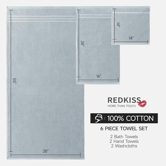 REDKISS Light Grey Towels Set 6 Piece Cotton Towel Sets with 2 Bath Towels, 2 Hand, 2 Washcloths, 650GSM Hotel Quality, Soft, Highly Absorbent Towels for Bathroom Gym, Ideal Everyday Use