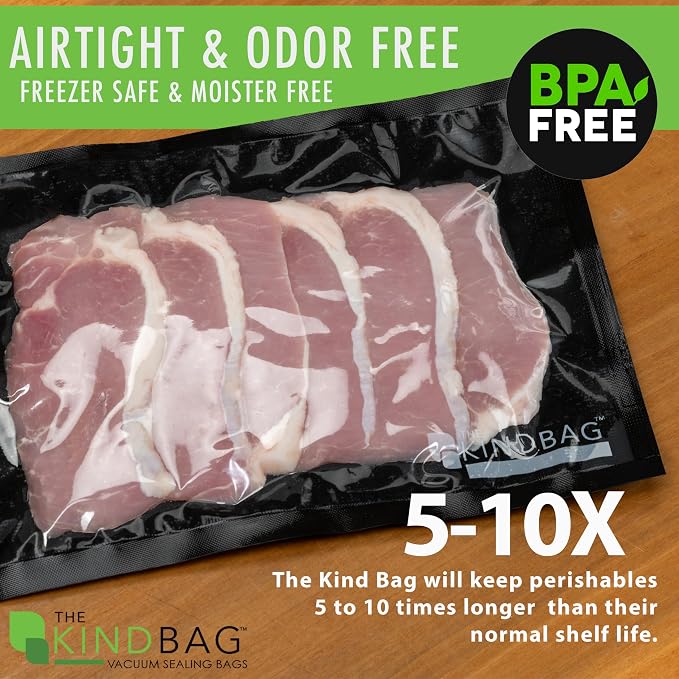 The Kind Bag Vacuum Seal Bags for Food Storage, 11.5x24 Inch 100 Pack, Pre-Cut 5mil Commercial Grade, Black Back Clear Front, BPA Free, Airtight and Freezer Safe, Prevents Freezer Burn