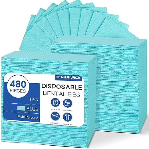 480 Pack Disposable Dental Bibs 13"x18", 3-Ply Waterproof Tattoo Bibs Sheet for Nail Salon, Dental Clinic, Feeding, Tattoo Shop (Blue)
